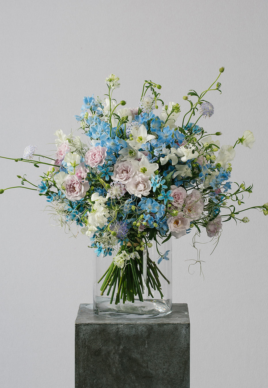 flower bouquet of eucharis and delphinium by flannel flowers