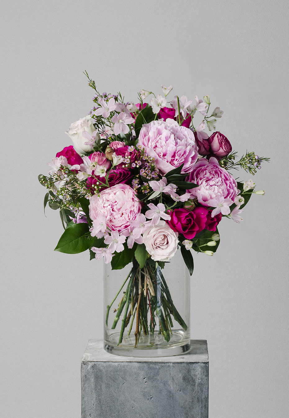 flower bouquet of peony and delphinium by flannel flowers