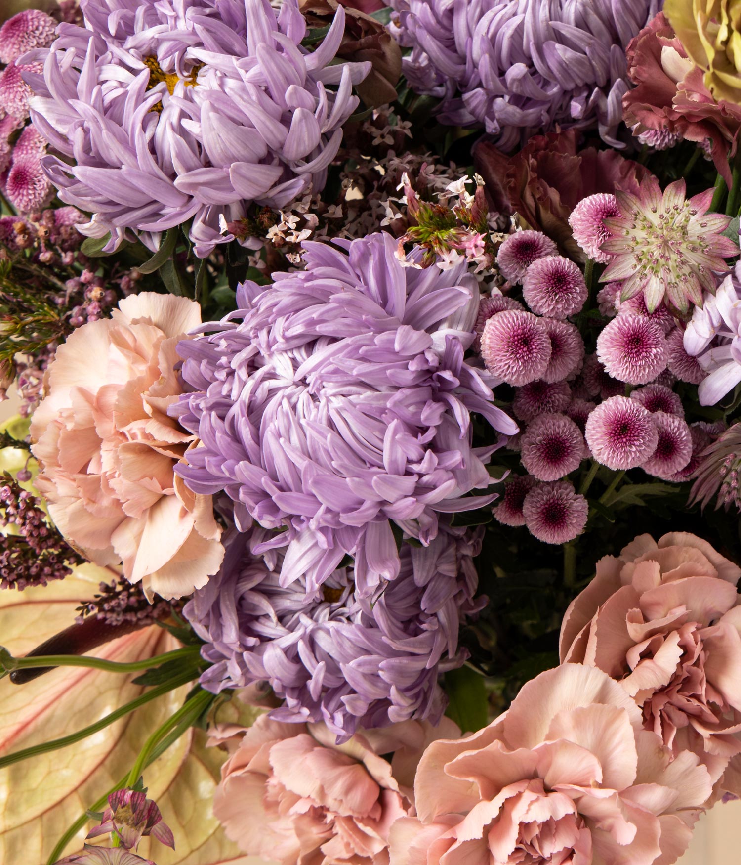 Detail of Luna aster and eustoma flower bouquet