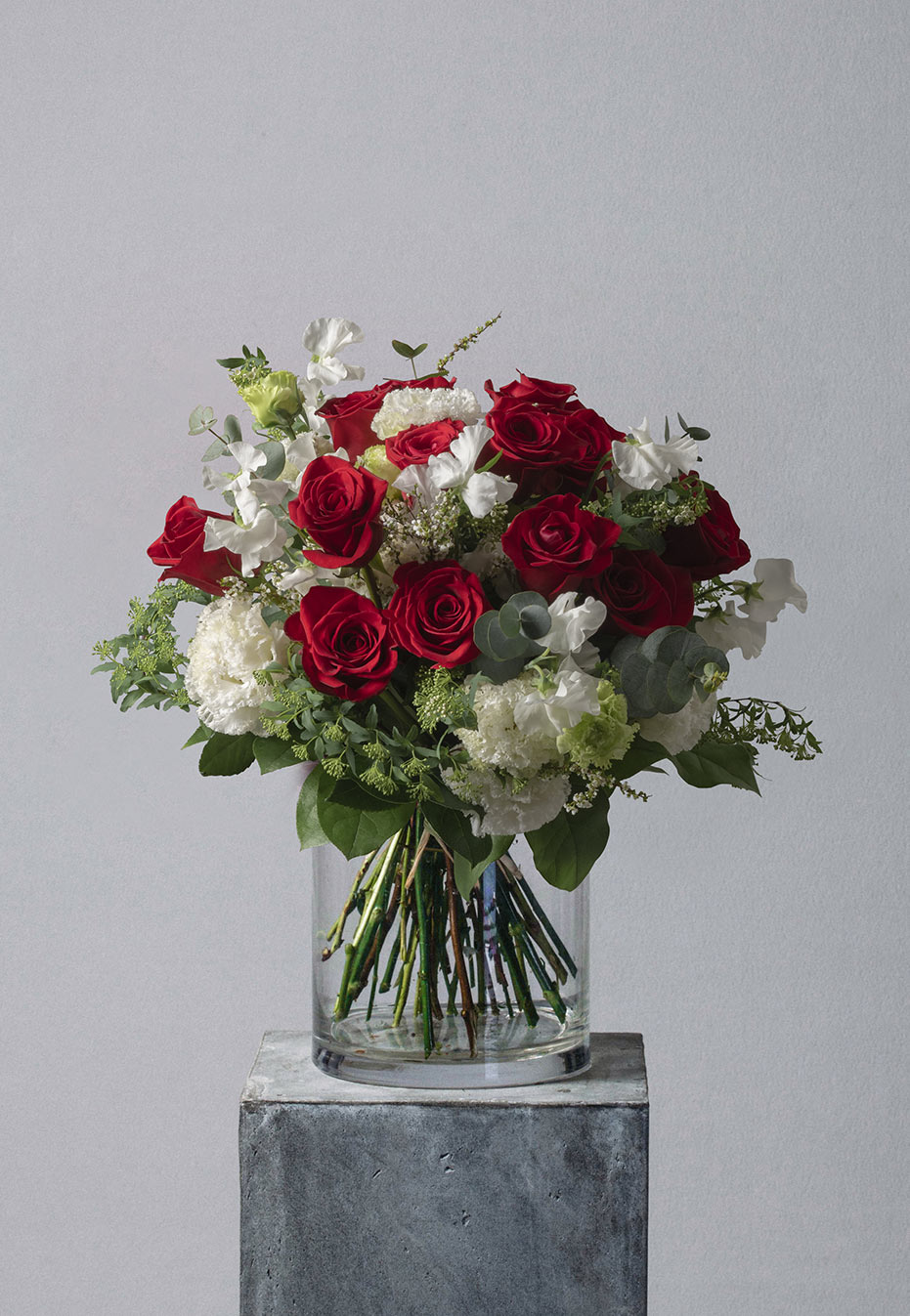  flower bouquet of red rose and sweet pea by flannel flowers